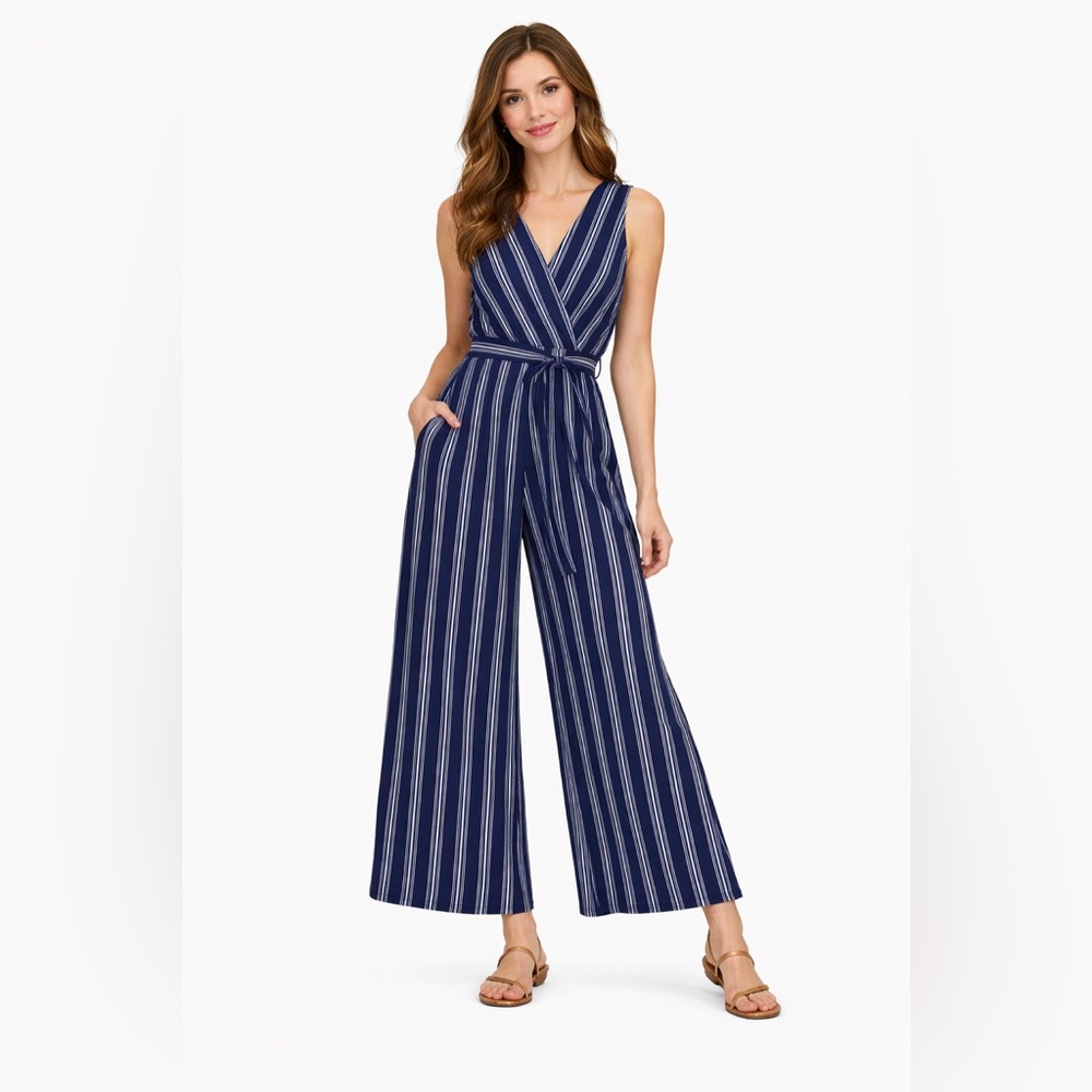 Monteau Navy & White Striped Sleeveless Wrap Jumpsuit with Tie Waist